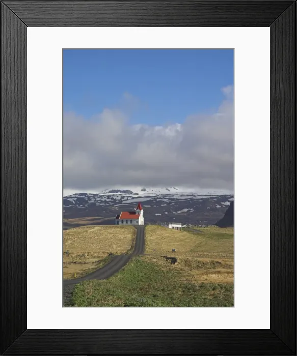 Framed Print : Red roofed white Lutheran Icelandic church at Ingjaldsholl Framed Print : Red roofed white Lutheran Icelandic church at Ingjaldsholl