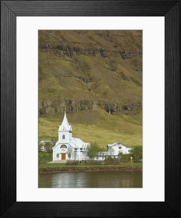 Framed Print : Blue Lutheran church at Seydisfjordur ferry terminal village Framed Print : Blue Lutheran church at Seydisfjordur ferry terminal village