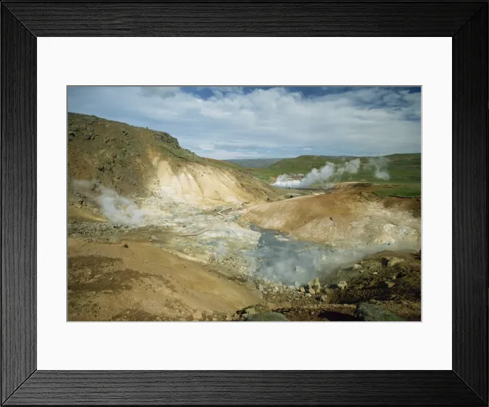 Framed Print : Steam rising from hot springs at Krisuvik on the south Framed Print : Steam rising from hot springs at Krisuvik on the south