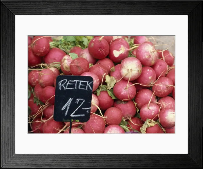 Framed Print : King size radishes for sale in a market in Pecs Framed Print : King size radishes for sale in a market in Pecs