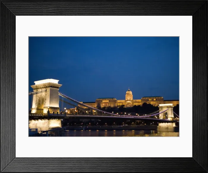 Framed Print : Chain Bridge over Danube with Royal Palace beyond in the evening