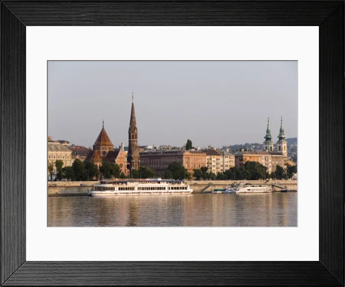 Framed Print : Boats on the Danube moored in front of the Calvinist Church Framed Print : Boats on the Danube moored in front of the Calvinist Church