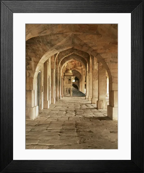 Framed Print : Stone vaults and nimbar (pulpit) in prayer hall of Jami Masjid Framed Print : Stone vaults and nimbar (pulpit) in prayer hall of Jami Masjid