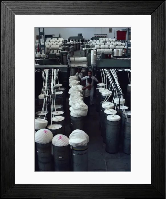 Framed Print : Interior of modernised cotton factory and workers