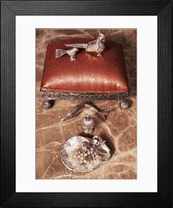 Framed Print : Antique silverware on marble top table Framed Print : Antique silverware on marble top table