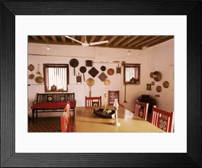 Framed Print : Wood beamed ceiling and kitchen utensils on wall in Framed Print : Wood beamed ceiling and kitchen utensils on wall in