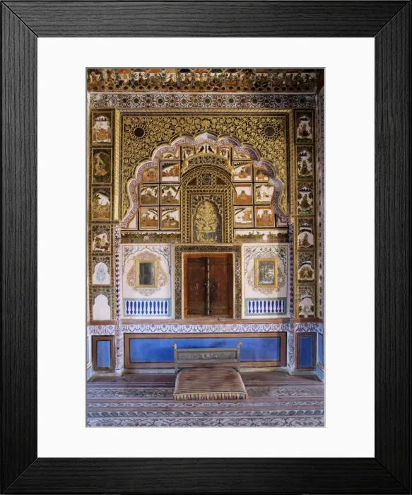 Framed Print : Painted wall and raised plaster work which has been gilded