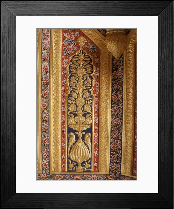 Framed Print : Raised gilded plaster work on painted wall