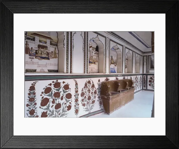 Framed Print : Narrow painted veranda with deep niches and carved Framed Print : Narrow painted veranda with deep niches and carved
