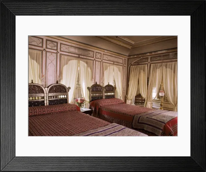 Framed Print : Traditional wood carved headboards and block printed Framed Print : Traditional wood carved headboards and block printed