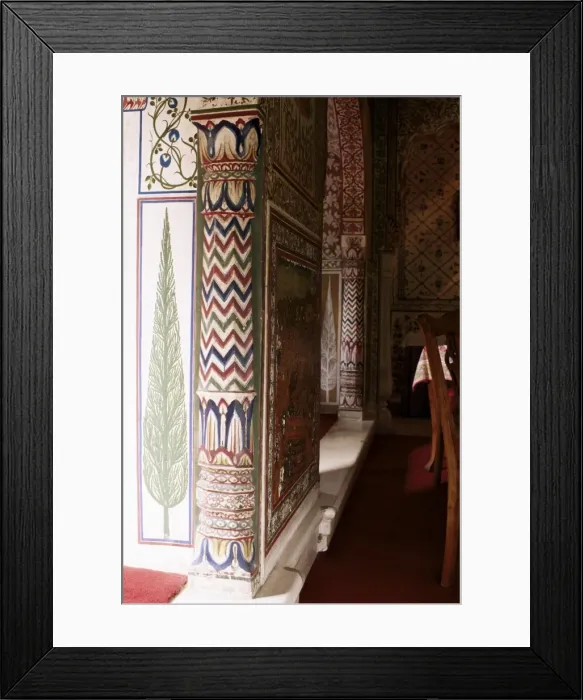 Framed Print : Detail of painted column and cypress tree in dining Framed Print : Detail of painted column and cypress tree in dining