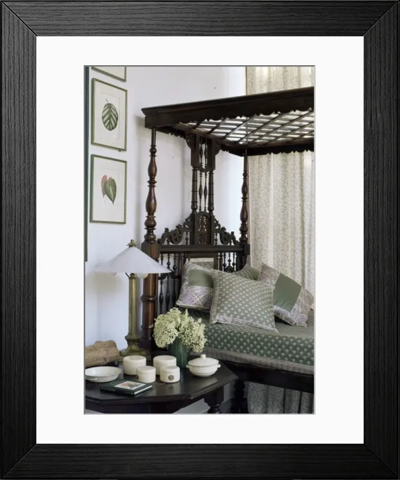 Framed Print : Colonial style four poster bed and antique enamel ware Framed Print : Colonial style four poster bed and antique enamel ware