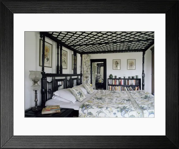 Framed Print : Colonial style bed with lattice roof and decorative Framed Print : Colonial style bed with lattice roof and decorative