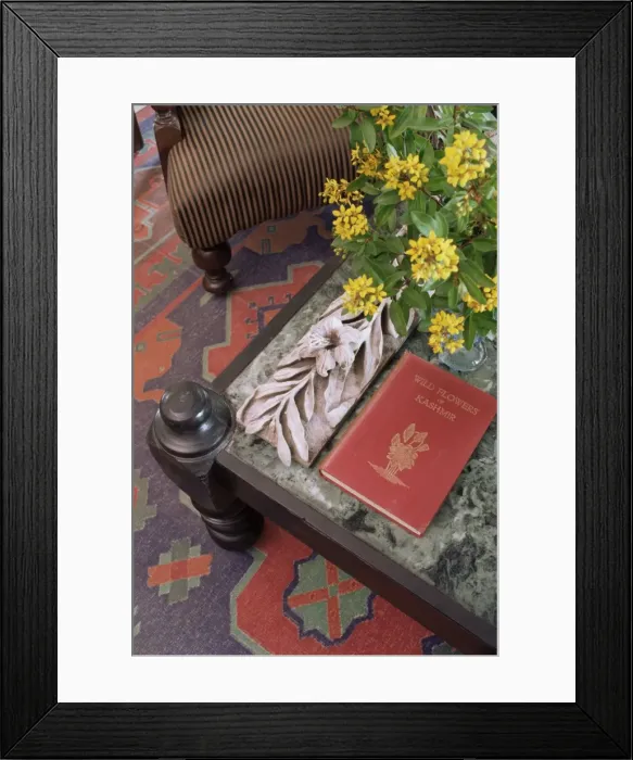 Framed Print : Detail of coffee table surface and a fine piece of Framed Print : Detail of coffee table surface and a fine piece of