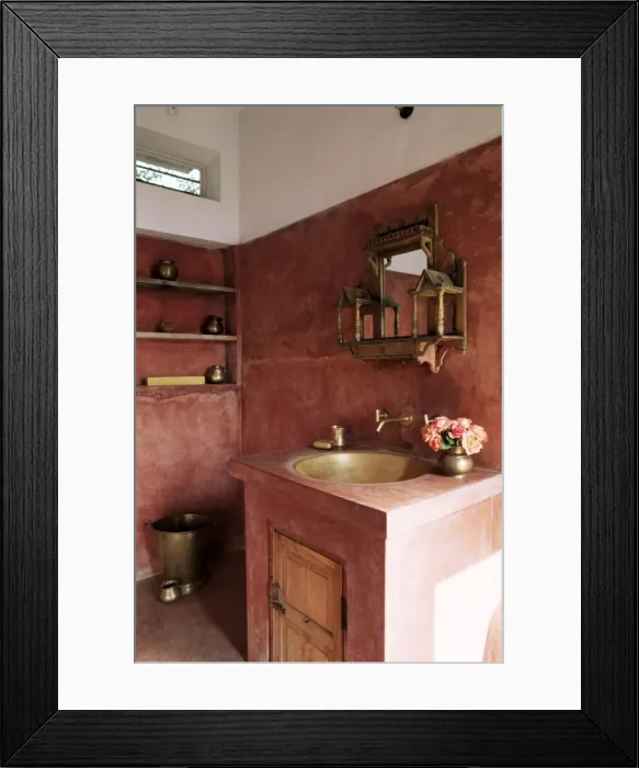 Framed Print : Pink finished plaster walls and hand beaten brass bathroom sink Framed Print : Pink finished plaster walls and hand beaten brass bathroom sink