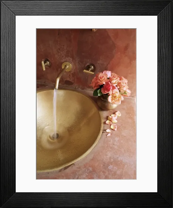 Framed Print : Detail of brass hand beaten bathroom sink in bathroom Framed Print : Detail of brass hand beaten bathroom sink in bathroom