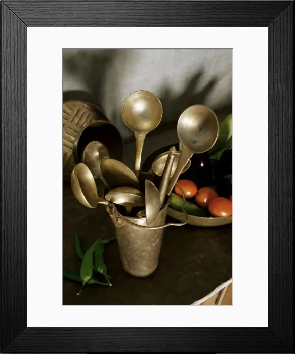 Framed Print : Traditional brass kitchen utensils in a home Framed Print : Traditional brass kitchen utensils in a home