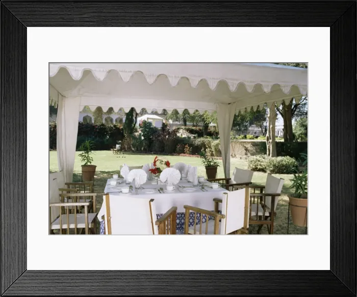Framed Print : Dining under tented awnings in the garden with croquet Framed Print : Dining under tented awnings in the garden with croquet