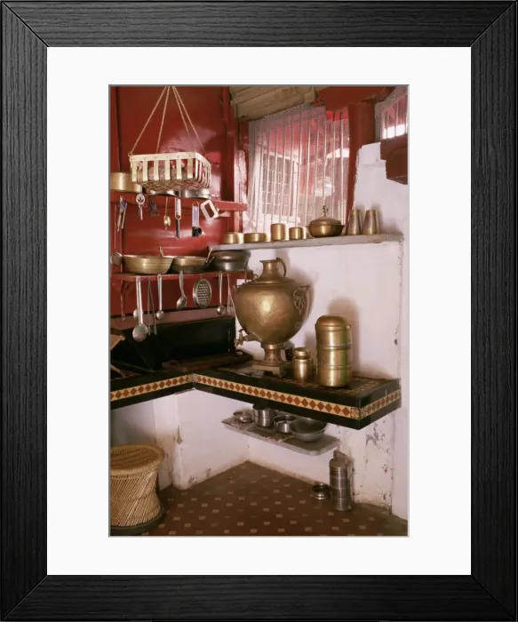 Framed Print : Kitchen area with traditional brass cooking utensils Framed Print : Kitchen area with traditional brass cooking utensils