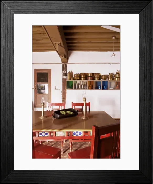 Framed Print : Wood beamed ceiling and kitchen utensils on wall in Framed Print : Wood beamed ceiling and kitchen utensils on wall in