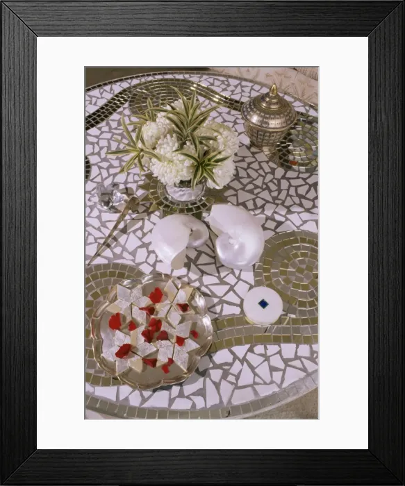 Framed Print : Detail of mosaic table in drawing room of new build home Framed Print : Detail of mosaic table in drawing room of new build home