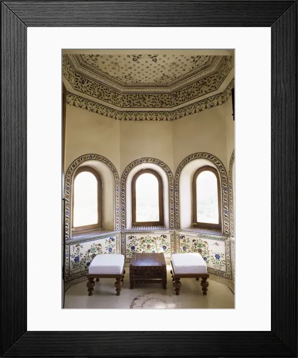 Framed Print : Coloured glass work inlaid into plaster in seating Framed Print : Coloured glass work inlaid into plaster in seating
