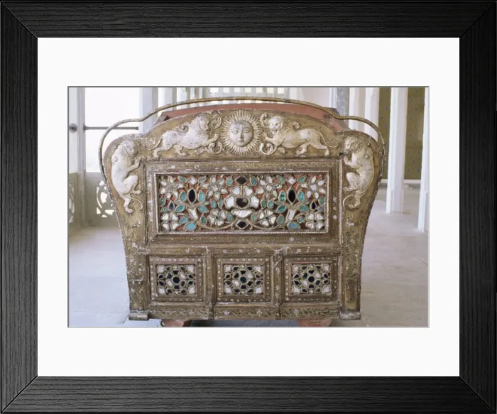 Framed Print : Detail of the back of an antique elephant howdah in Framed Print : Detail of the back of an antique elephant howdah in