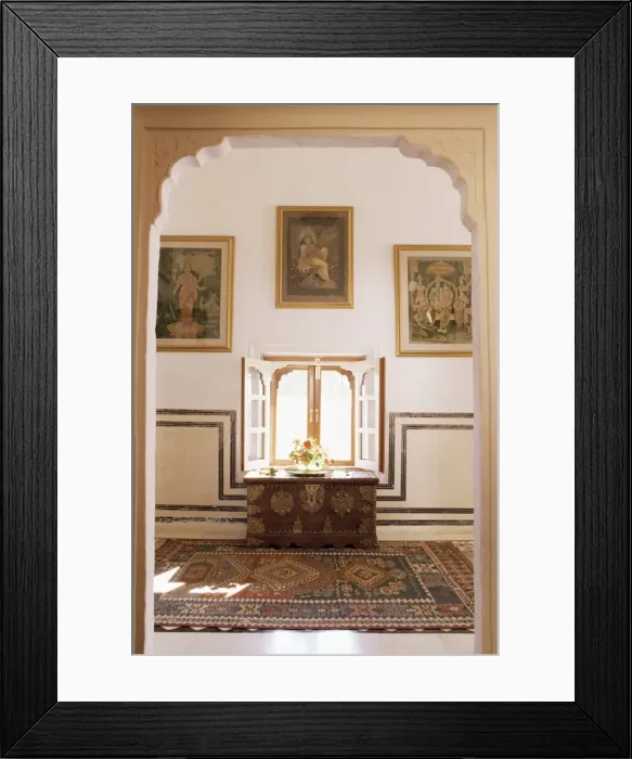 Framed Print : Antique pictorial prints of Hindu gods and brass decorated Framed Print : Antique pictorial prints of Hindu gods and brass decorated