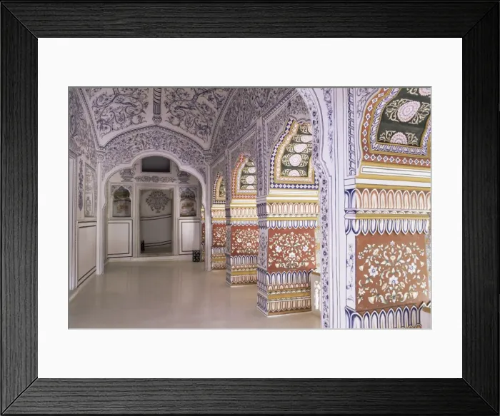 Framed Print : The painted walls of a covered verandah which surrounds Framed Print : The painted walls of a covered verandah which surrounds