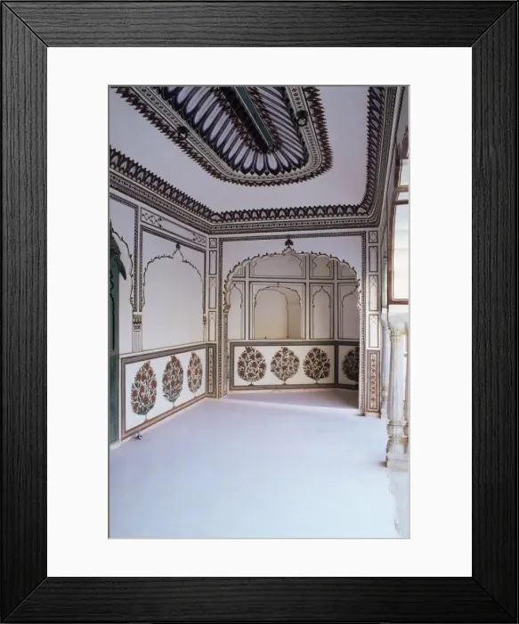 Framed Print : The painted walls of a covered verandah which surrounds Framed Print : The painted walls of a covered verandah which surrounds