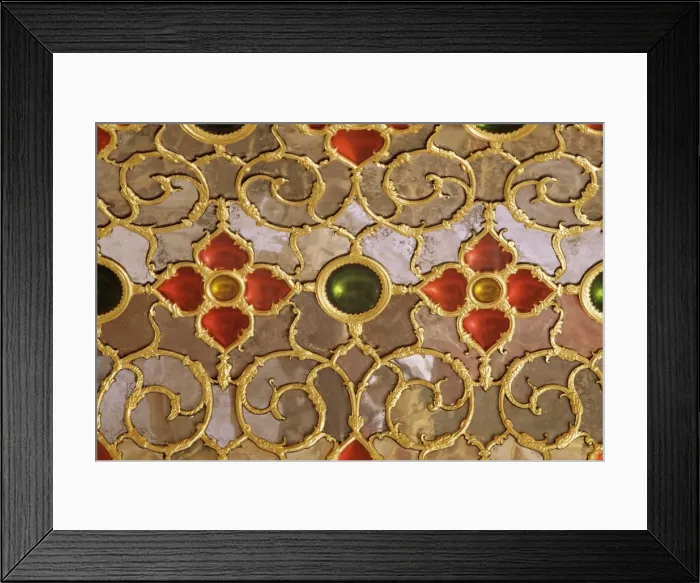 Framed Print : Detail of the coloured glass and mirror work in Framed Print : Detail of the coloured glass and mirror work in