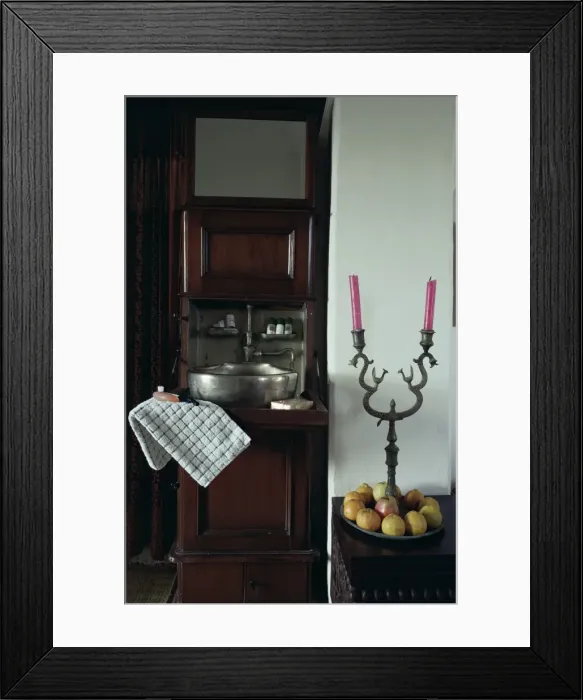 Framed Print : Bedroom suite with original travelling fold down wash basin Framed Print : Bedroom suite with original travelling fold down wash basin