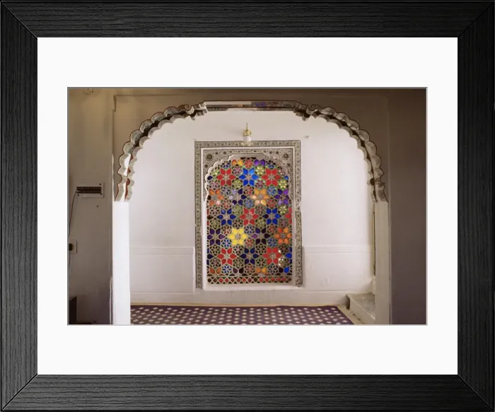Framed Print : Coloured glass Jali in hallway within the palace Framed Print : Coloured glass Jali in hallway within the palace