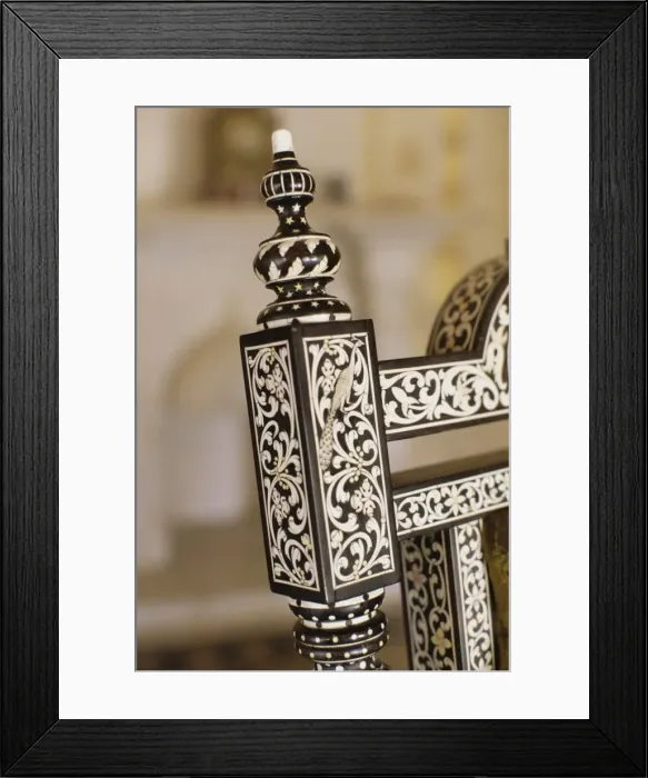 Framed Print : Ebony wood and ivory inlay detail on one of the pair of throne chairs Framed Print : Ebony wood and ivory inlay detail on one of the pair of throne chairs