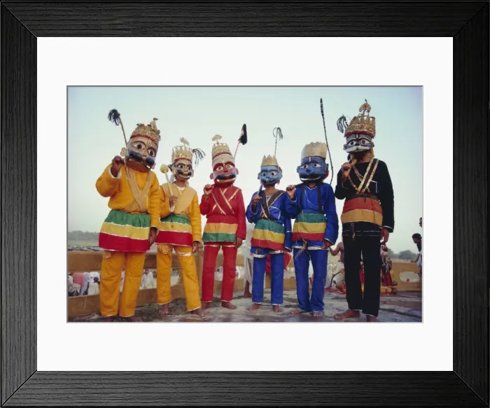 Framed Print : Group portrait of masked actors in the Ramlilla Framed Print : Group portrait of masked actors in the Ramlilla