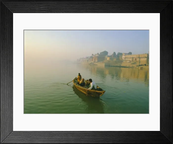 Framed Print : Waterfront and boat on the River Ganges (Ganga) Framed Print : Waterfront and boat on the River Ganges (Ganga)