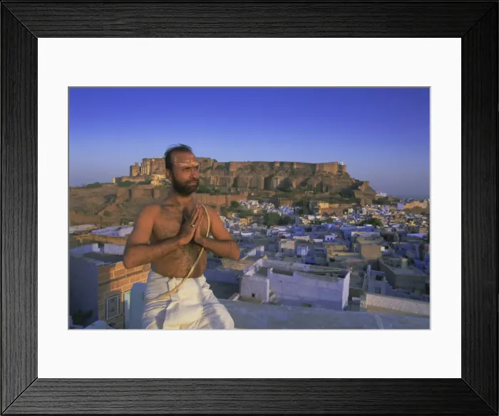 Framed Print : A holy man and the Blue city and fort Framed Print : A holy man and the Blue city and fort