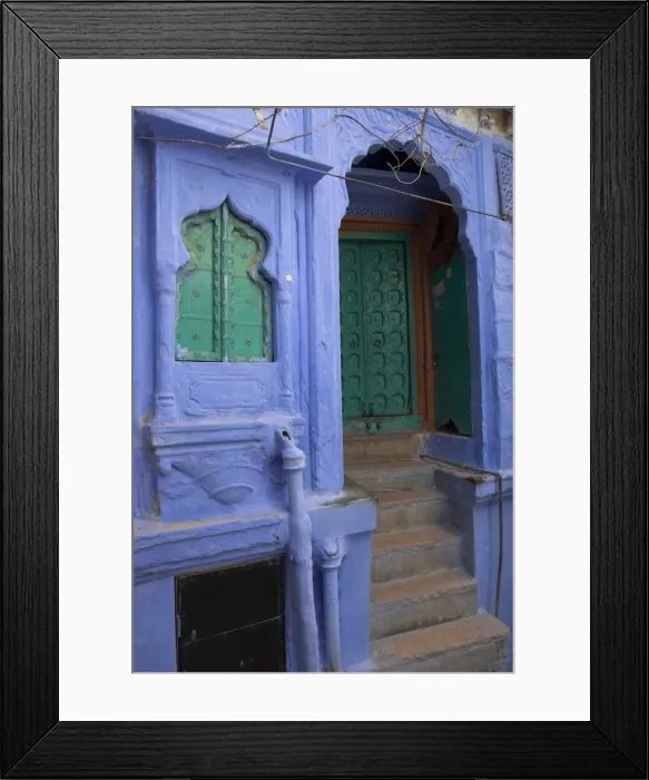 Framed Print : Entrance porch and window of blue painted haveli Framed Print : Entrance porch and window of blue painted haveli