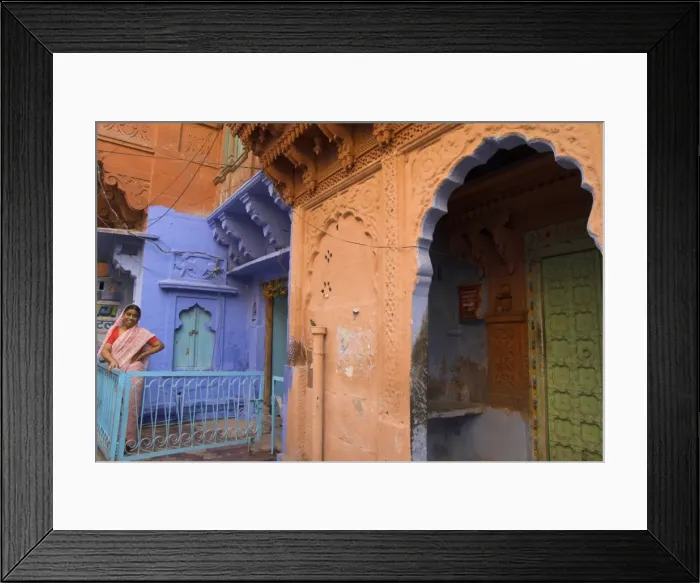 Framed Print : Old residential havelis painted in blue and ochre paint Framed Print : Old residential havelis painted in blue and ochre paint