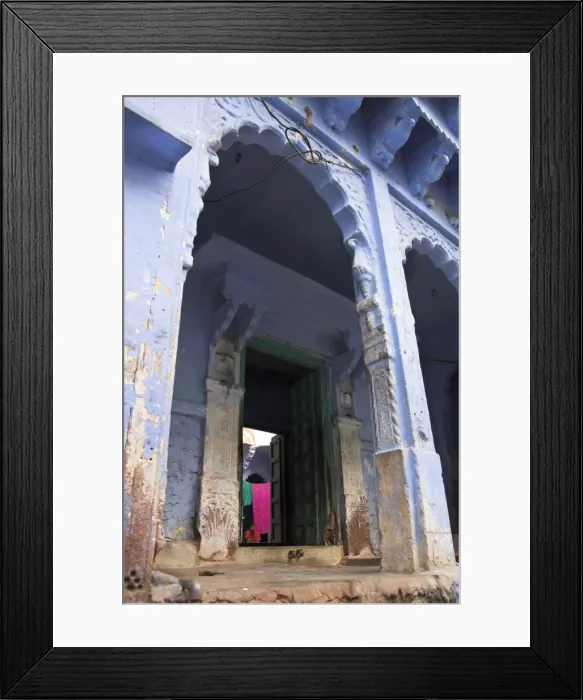 Framed Print : Entrance porch of blue painted residential haveli Framed Print : Entrance porch of blue painted residential haveli