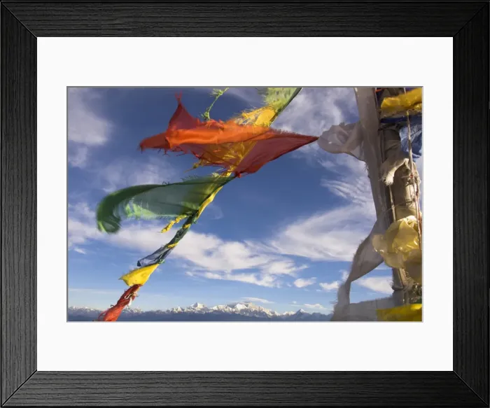 Framed Print : Prayer flags with snowy Kangchendzonga beyond in morning light Framed Print : Prayer flags with snowy Kangchendzonga beyond in morning light