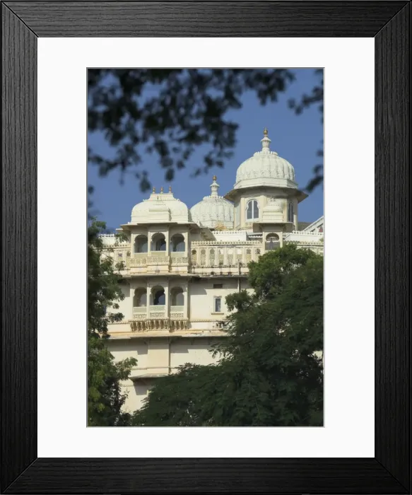 Framed Print : White southern facade of City Palace viewed through trees Framed Print : White southern facade of City Palace viewed through trees