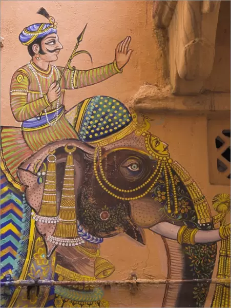 Typical house decorated with Mewar folk art of man riding elephant