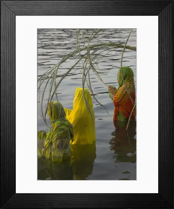 Framed Print : Three women pilgrims in saris making Puja celebration Framed Print : Three women pilgrims in saris making Puja celebration