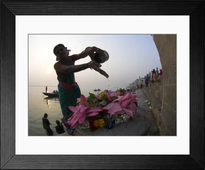 Framed Print : Woman pouring water over flowers on an altar as a religious ritual Framed Print : Woman pouring water over flowers on an altar as a religious ritual