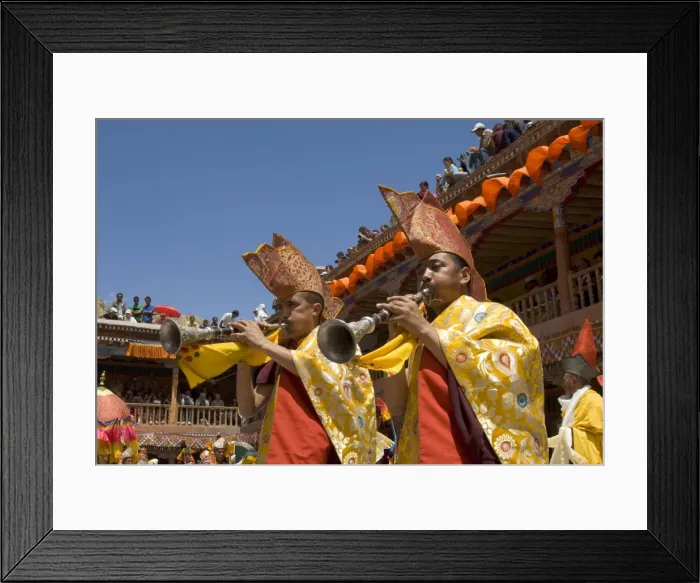 Framed Print : Procession in monastery courtyard with monk musicians Framed Print : Procession in monastery courtyard with monk musicians