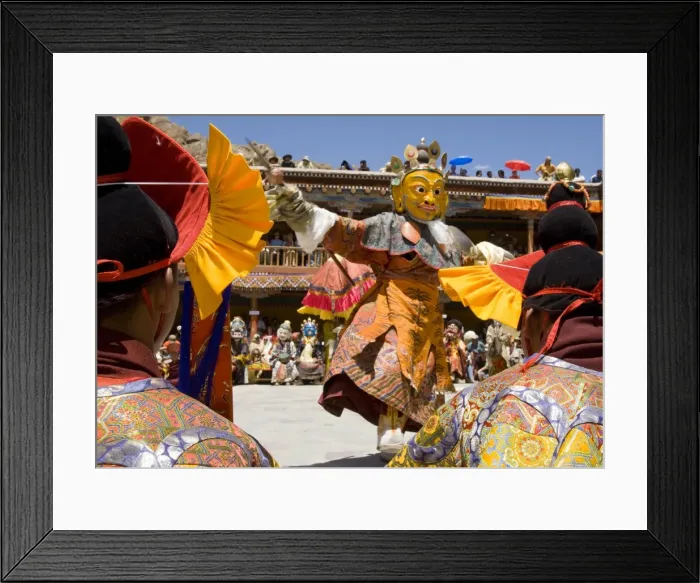 Framed Print : Monk in wooden mask in traditional costume Framed Print : Monk in wooden mask in traditional costume