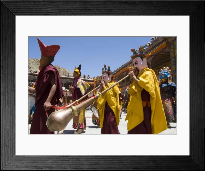 Framed Print : Procession in monastery courtyard with monk musicians Framed Print : Procession in monastery courtyard with monk musicians