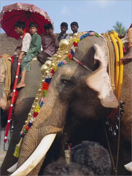 Mahoot and boys on decorated elephants at a roadside festival