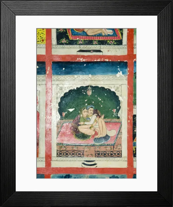 Framed Print : Scenes from the Kama Sutra from cupboard in the Juna Mahal fort Framed Print : Scenes from the Kama Sutra from cupboard in the Juna Mahal fort